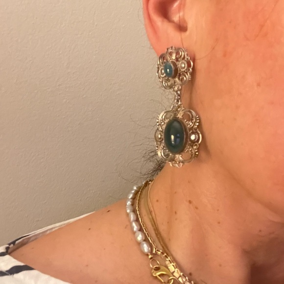 Elegant Sterling Silver filigree and green stones Dangle Earrings